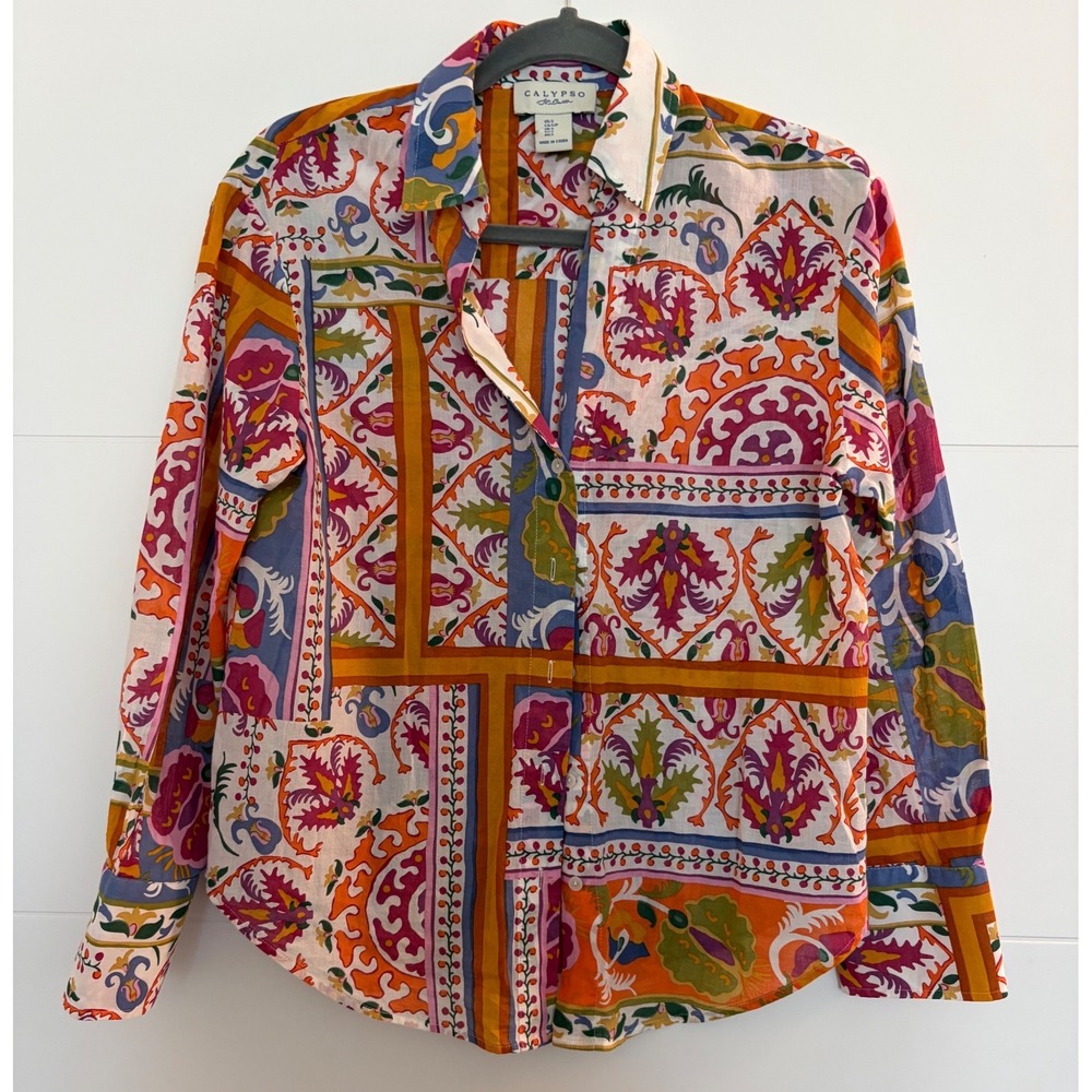 Calypso St Barth Patchwork Paisley Print Button Down Shirt S Cruise Vacation